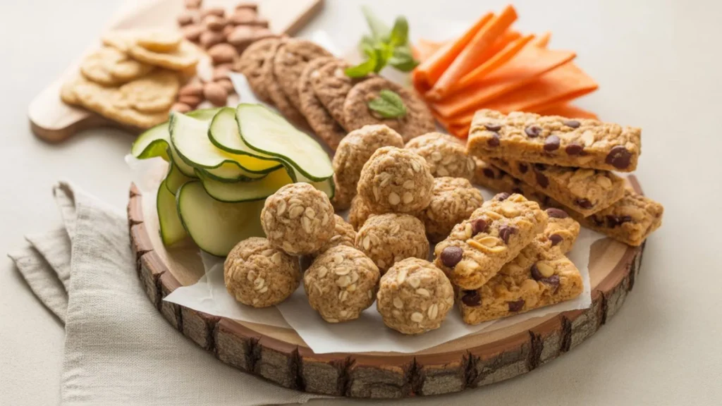 Assorted gluten-free snacks including oat bites, cookies, and nut bars on a rustic wooden board