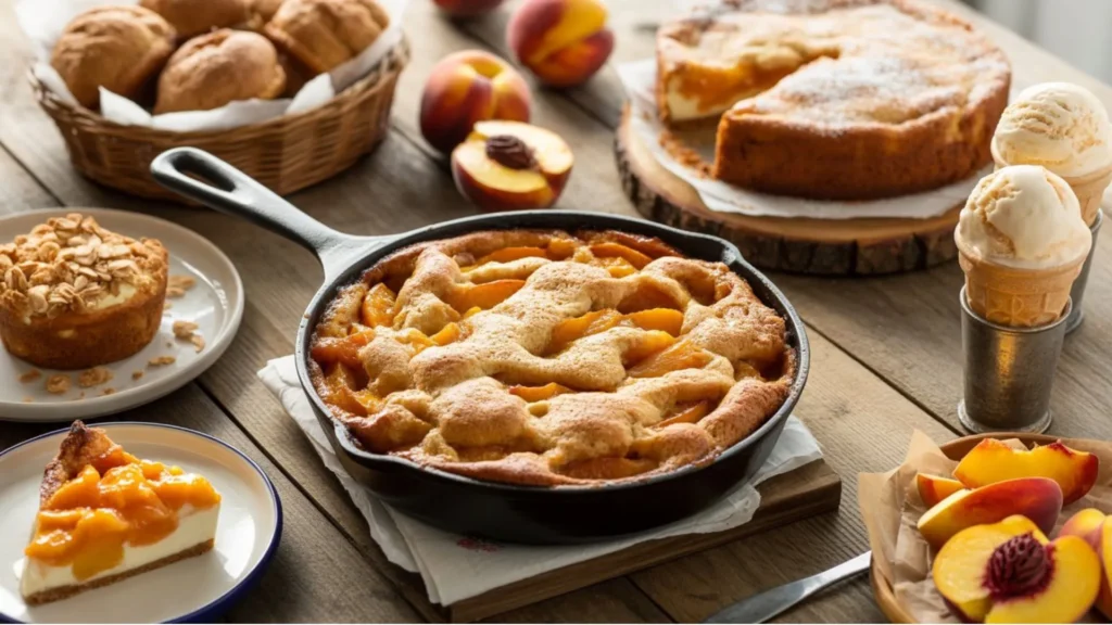 Assorted peach recipes featuring ice cream, galette, and classic peach cake surrounded by ripe peaches.