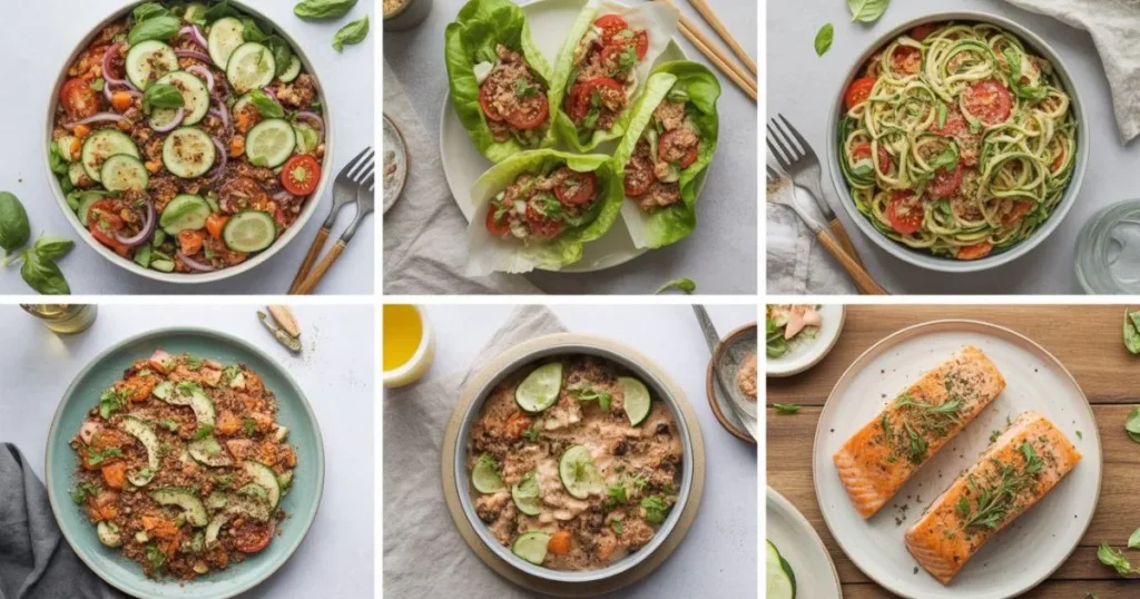 Assorted simple healthy recipes featuring quick, nutritious, and balanced meals