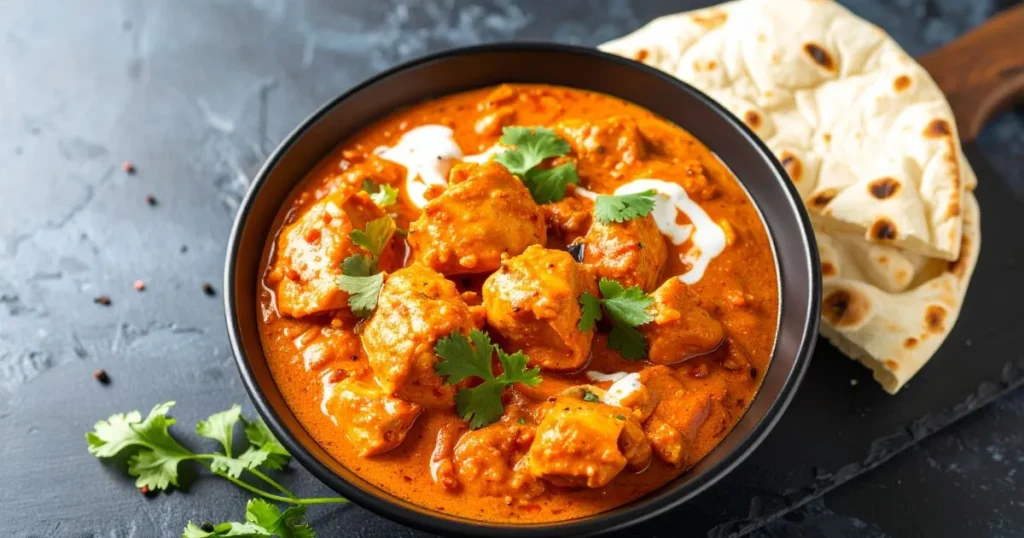 Authentic Indian butter chicken curry in a bowl with rice