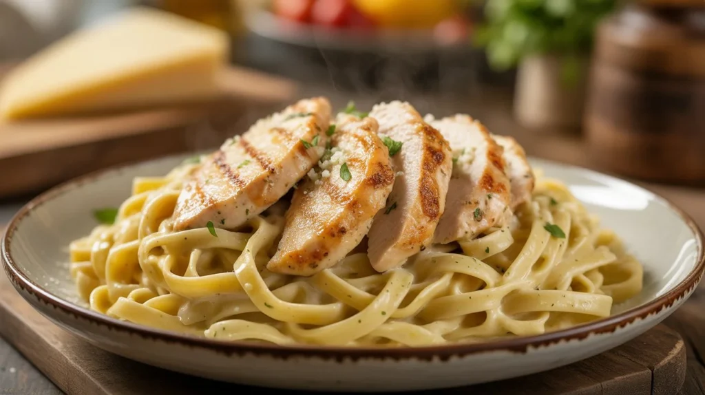 Budget-friendly Garlic Parmesan Chicken Pasta served with golden chicken pieces