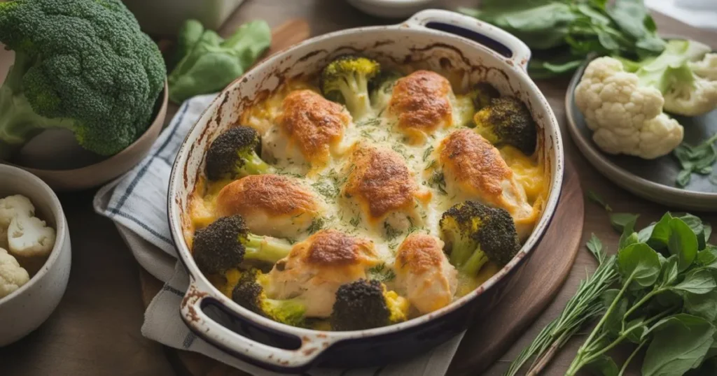 Cheesy Low Carb Chicken Casserole baked with broccoli and cauliflower in a creamy sauce