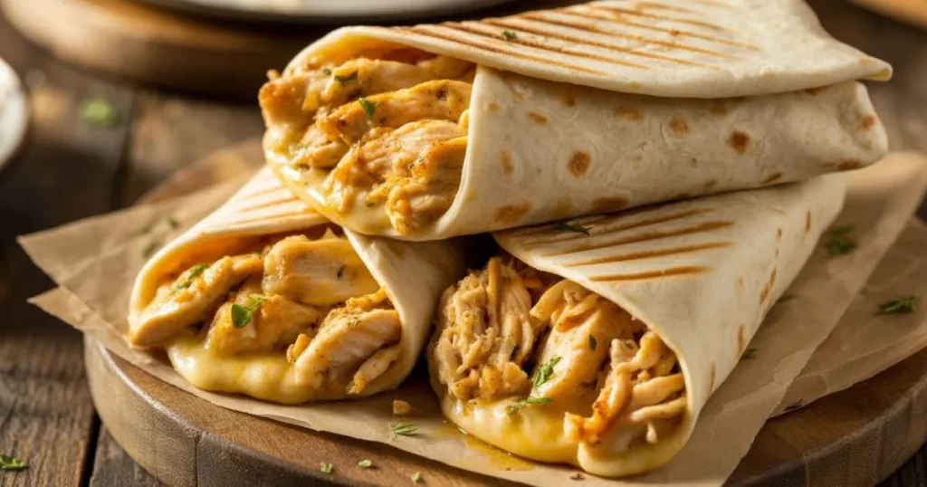 Close-up of golden Cheesy Garlic Chicken Wraps with melted cheese and garlic seasoning on a wooden plate