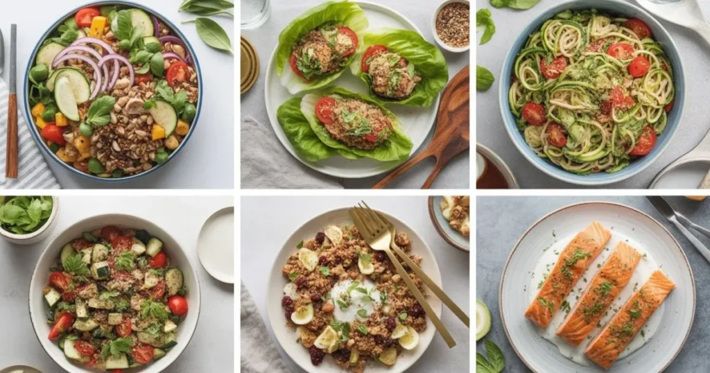 Colorful display of simple healthy recipes with fresh vegetables and whole foods