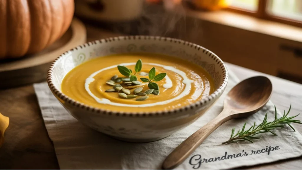 Creamy Butternut Squash Soup Recipe served in a bowl with fresh herbs