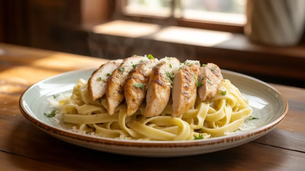 Creamy Garlic Parmesan Chicken Pasta topped with parsley in a white bowl