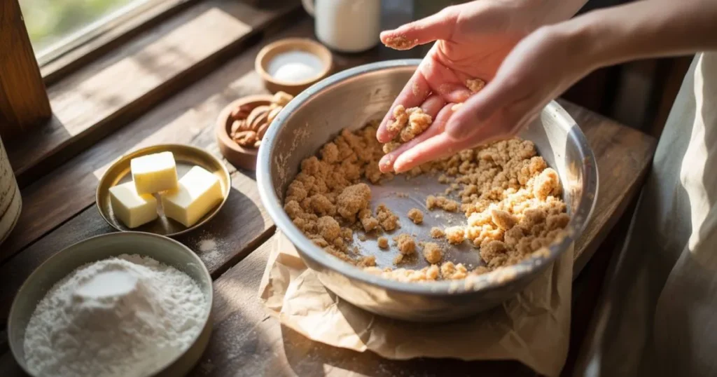 Golden crumbly streusel topping on freshly baked blueberry muffins