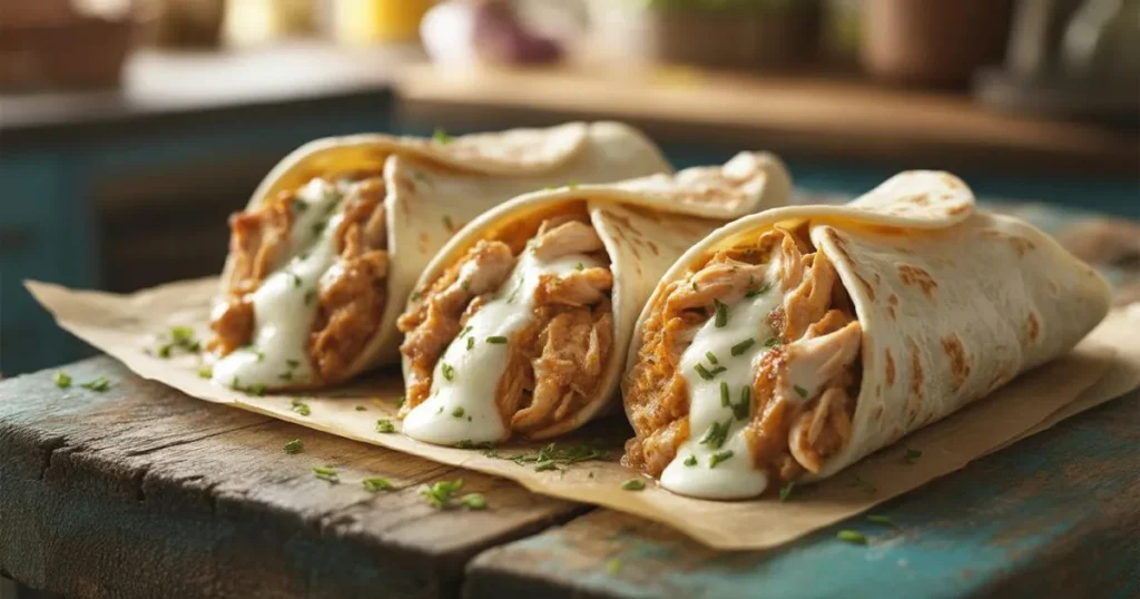 Delicious Cheesy Garlic Chicken Wraps sliced in half showing cheesy filling and tender chicken inside