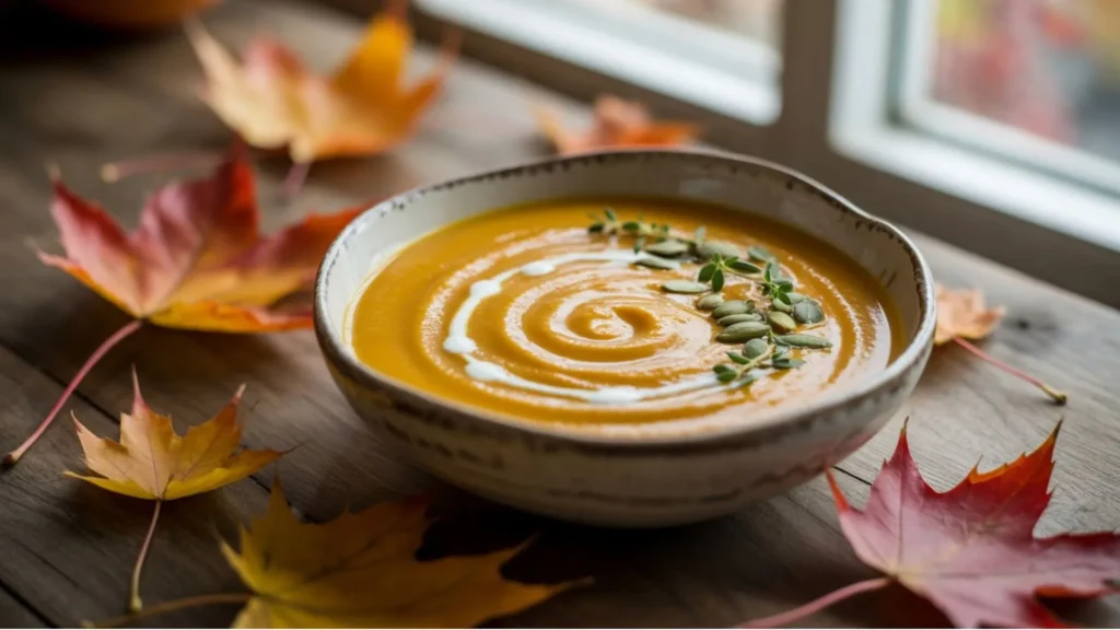 Easy Butternut Squash Soup Recipe with roasted squash and bread on the side