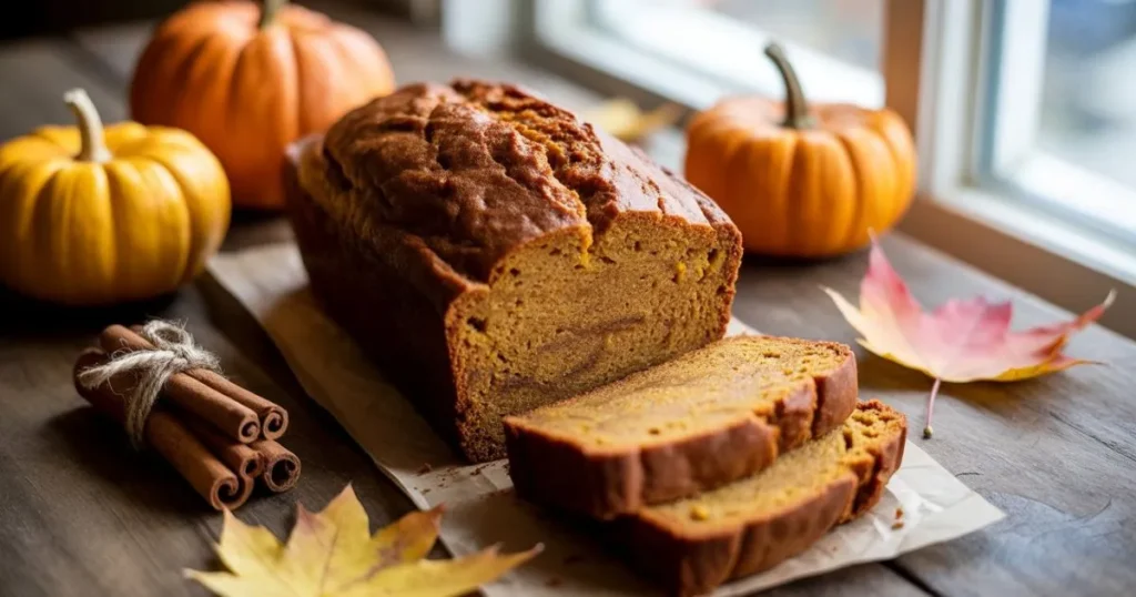Freshly baked easy pumpkin bread recipe with cinnamon and pumpkins