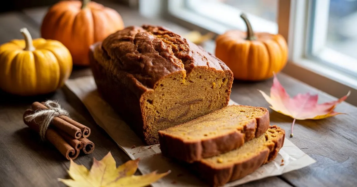 Freshly baked easy pumpkin bread recipe with cinnamon and pumpkins