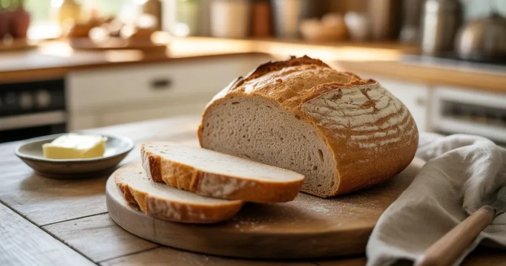 Freshly baked GF sourdough bread loaf with golden crust and airy slices on a wooden board.