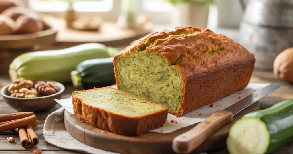 Freshly baked zucchini bread loaf with golden crust on a wooden board