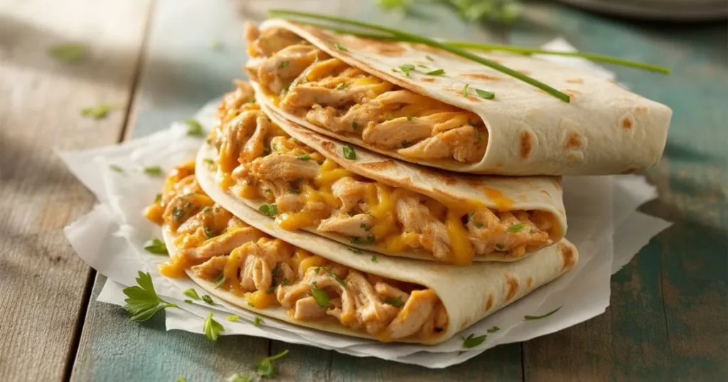 Freshly grilled Cheesy Garlic Chicken Wraps with juicy chicken, gooey cheese, and herbs ready to serve