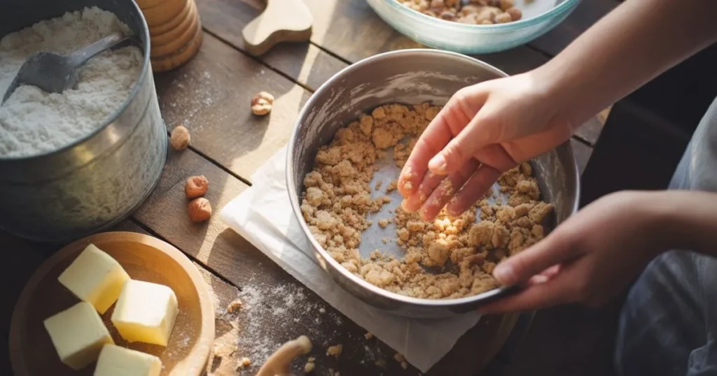 Golden crumbly streusel topping on freshly baked blueberry muffins