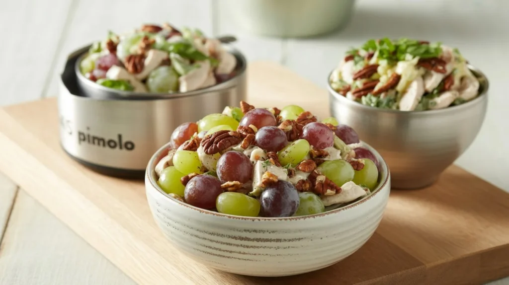 Creamy grape salad chicken salad chick served in a white bowl with red and green grapes, chopped pecans, and rich dressing on a light background.