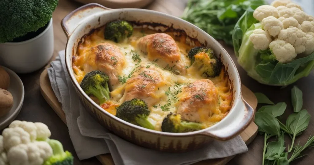 Healthy Low Carb Chicken Casserole topped with golden melted cheese, perfect for dinner