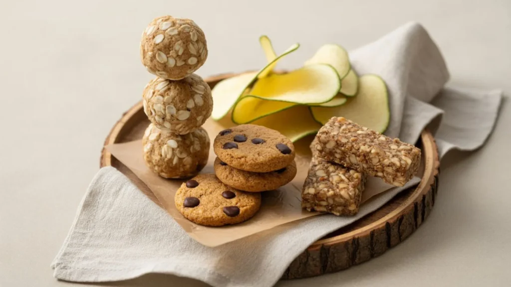 Healthy gluten-free cookies, chips, and energy balls styled for a food blog recipe