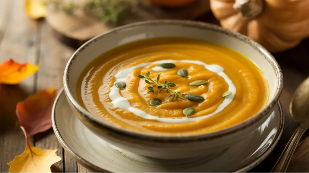 Homemade Butternut Squash Soup Recipe topped with cream swirl and pumpkin seeds