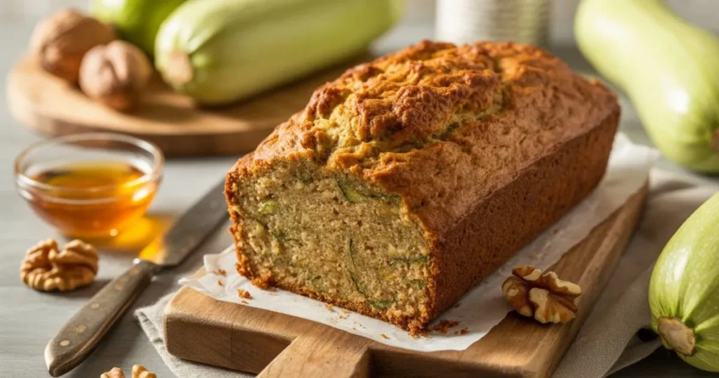 Homemade healthy zucchini bread with golden crust and soft interior on a rustic kitchen table.