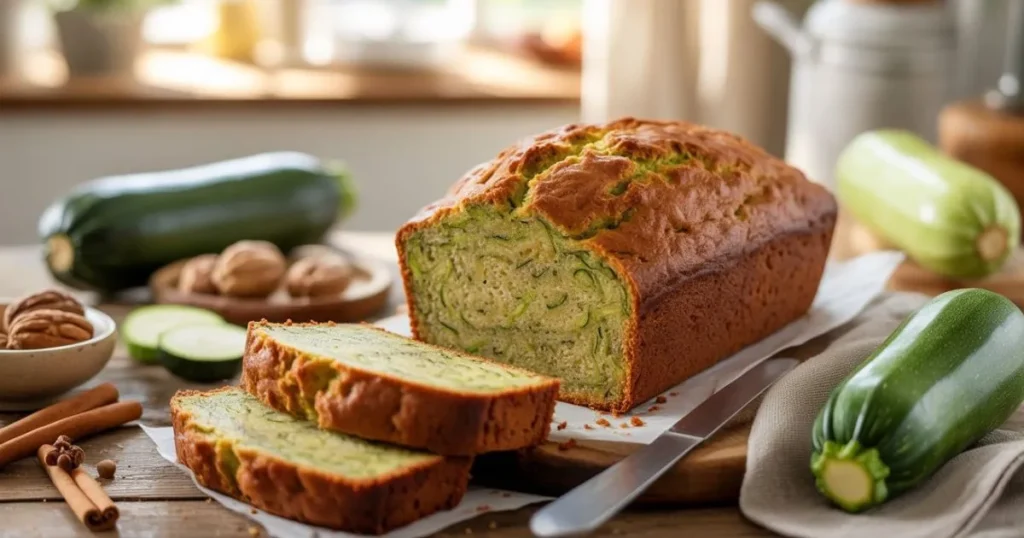 Homemade zucchini bread topped with walnuts and served with butter