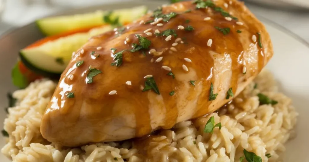 Honey Garlic Chicken served with rice and vegetables for an easy weeknight dinner