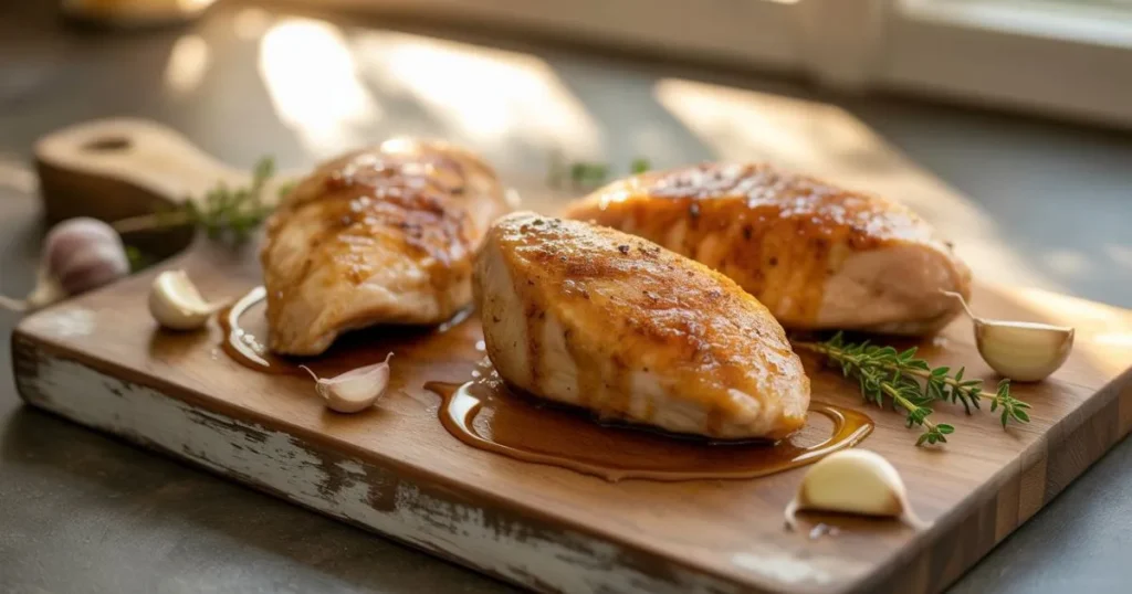 Juicy Honey Garlic Chicken Breasts served with sticky garlic sauce, a quick and easy dinner recipe perfect for families on a budget.