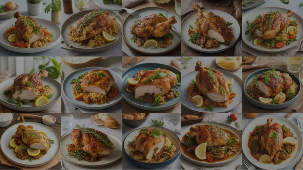 Juicy chicken breast recipes served with fresh vegetables and herbs