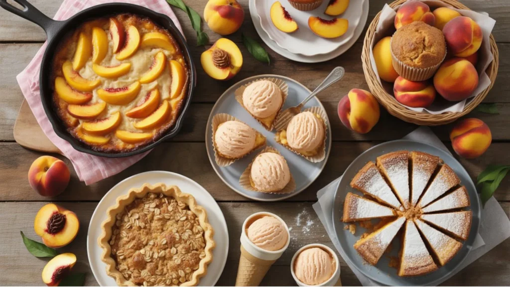 Juicy summer peach recipes with cakes, pies, and no-bake cheesecake bars styled for easy entertaining.