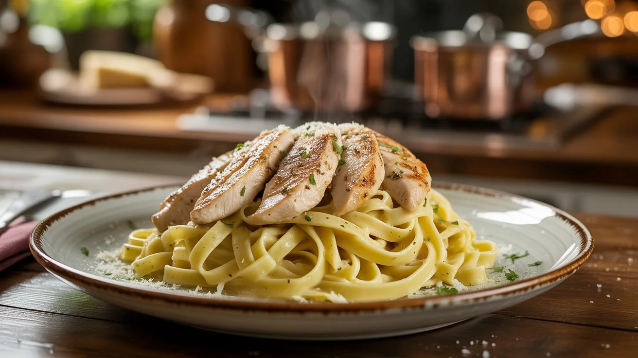 One-pot Garlic Parmesan Chicken Pasta with cheesy sauce and fresh herbs