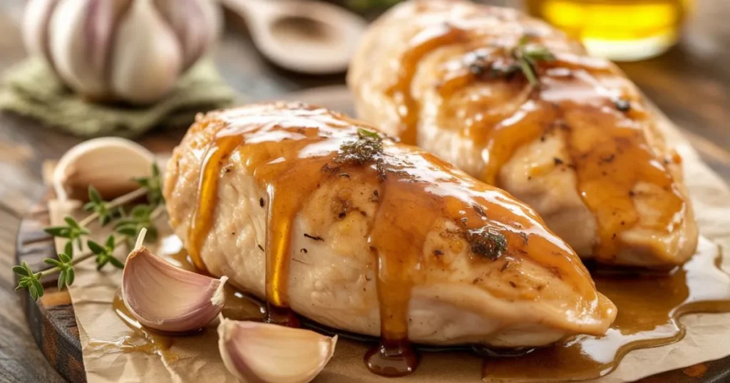 Oven baked Honey Garlic Chicken Breasts topped with sweet and savory sauce, a simple recipe for healthy and budget friendly dinners.