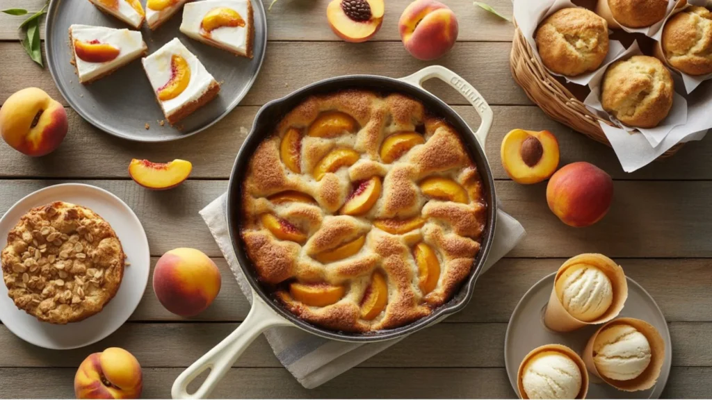 Peach Recipes served with fresh seasonal peaches on a rustic table