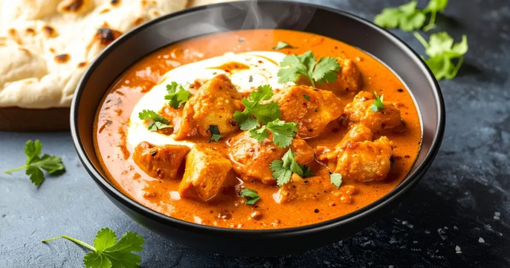 Rich, creamy butter chicken in tomato-based sauce, garnished with fresh cilantro.