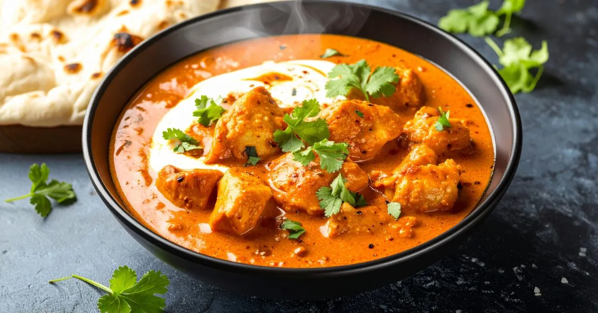 Rich, creamy butter chicken in tomato-based sauce, garnished with fresh cilantro.