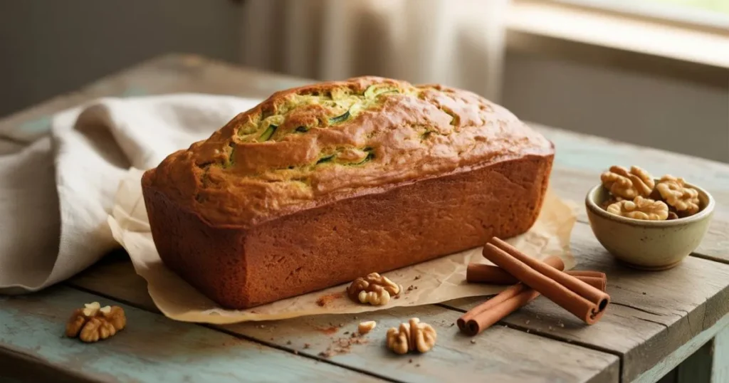 Sliced zucchini bread showing moist texture and soft crumb inside