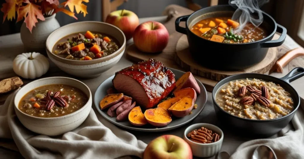 Slow cooker chicken and wild rice soup steaming on a wooden table, one of the comforting Crockpot Fall Recipes for chilly nights.