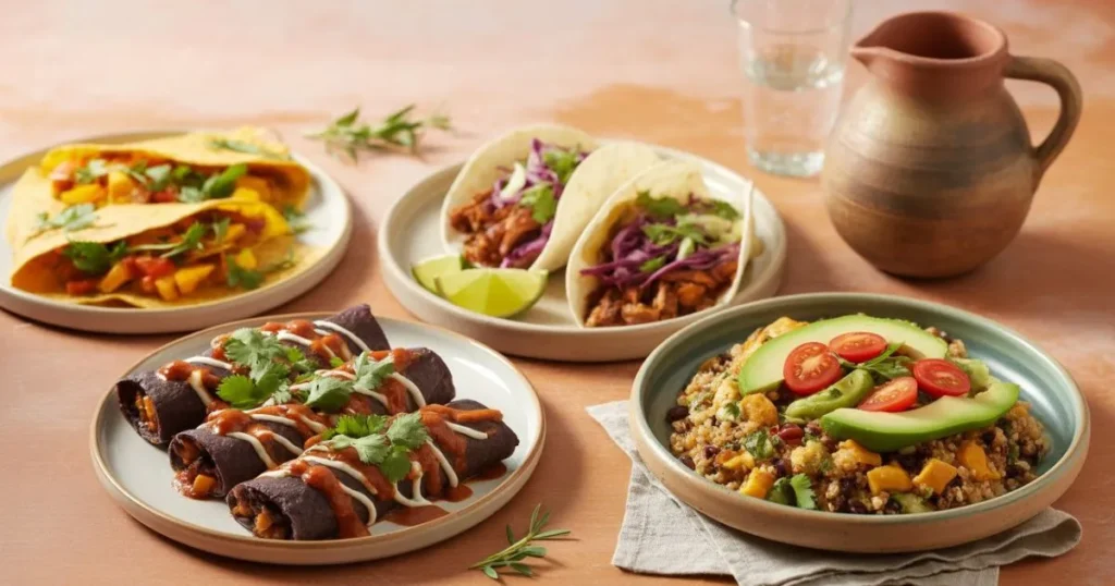 A colorful spread of vegetarian Mexican food, including black bean and sweet potato enchiladas, jackfruit carnitas tacos with slaw, a quinoa and bean burrito bowl with avocado and corn, and golden cauliflower poblano quesadillas served with salsa, all arranged on a rustic table.