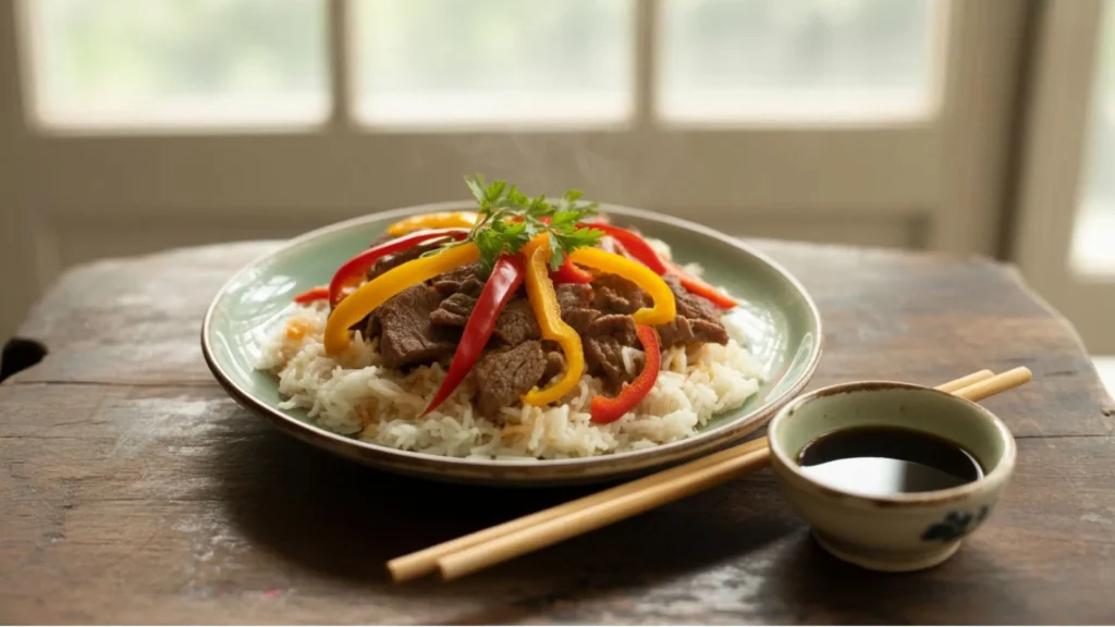 Asian-style beef pepper rice recipe easy topped with butter, garlic, and black pepper