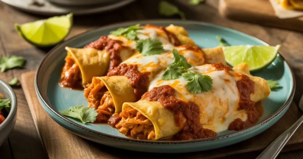 Baked rotisserie chicken enchiladas topped with melted cheese and fresh cilantro on a rustic plate