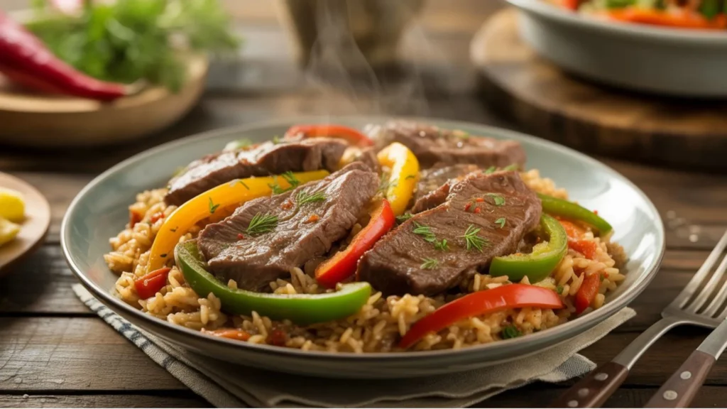 Beef pepper rice recipe easy served hot in a sizzling pan with corn and green onions