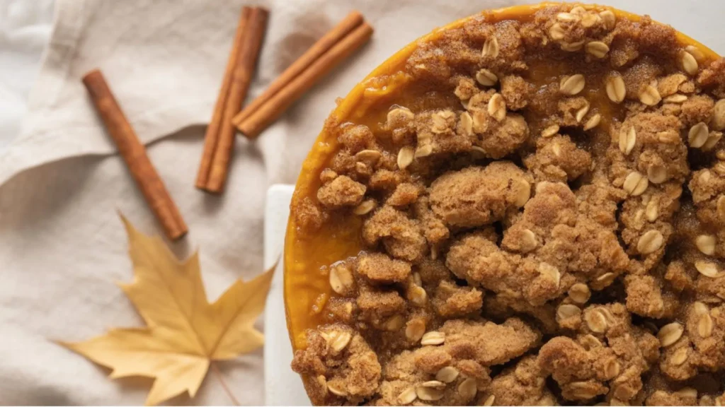 Close-up of Pumpkin Pie Crisp showing crunchy brown sugar streusel over smooth pumpkin custard, sprinkled with cinnamon and pecans.