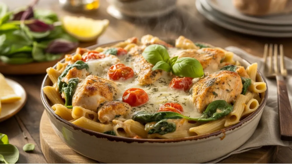 Close-up of a light and nutritious healthy chicken pasta bake fresh from the oven