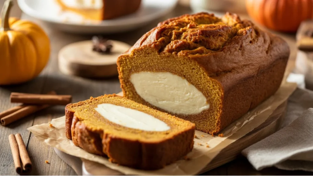 Close-up of cream cheese filling for pumpkin bread served as a fall dessert