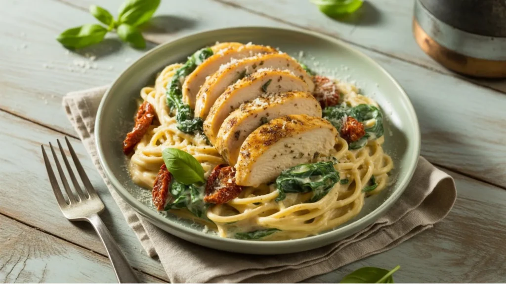 Close-up of creamy Tuscan chicken pasta recipe featuring golden chicken breasts over penne in a rich garlic cream sauce