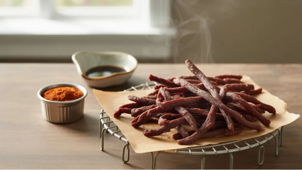 Close-up of tender ground beef jerky recipe soft chew pieces with rich flavor and soft texture.