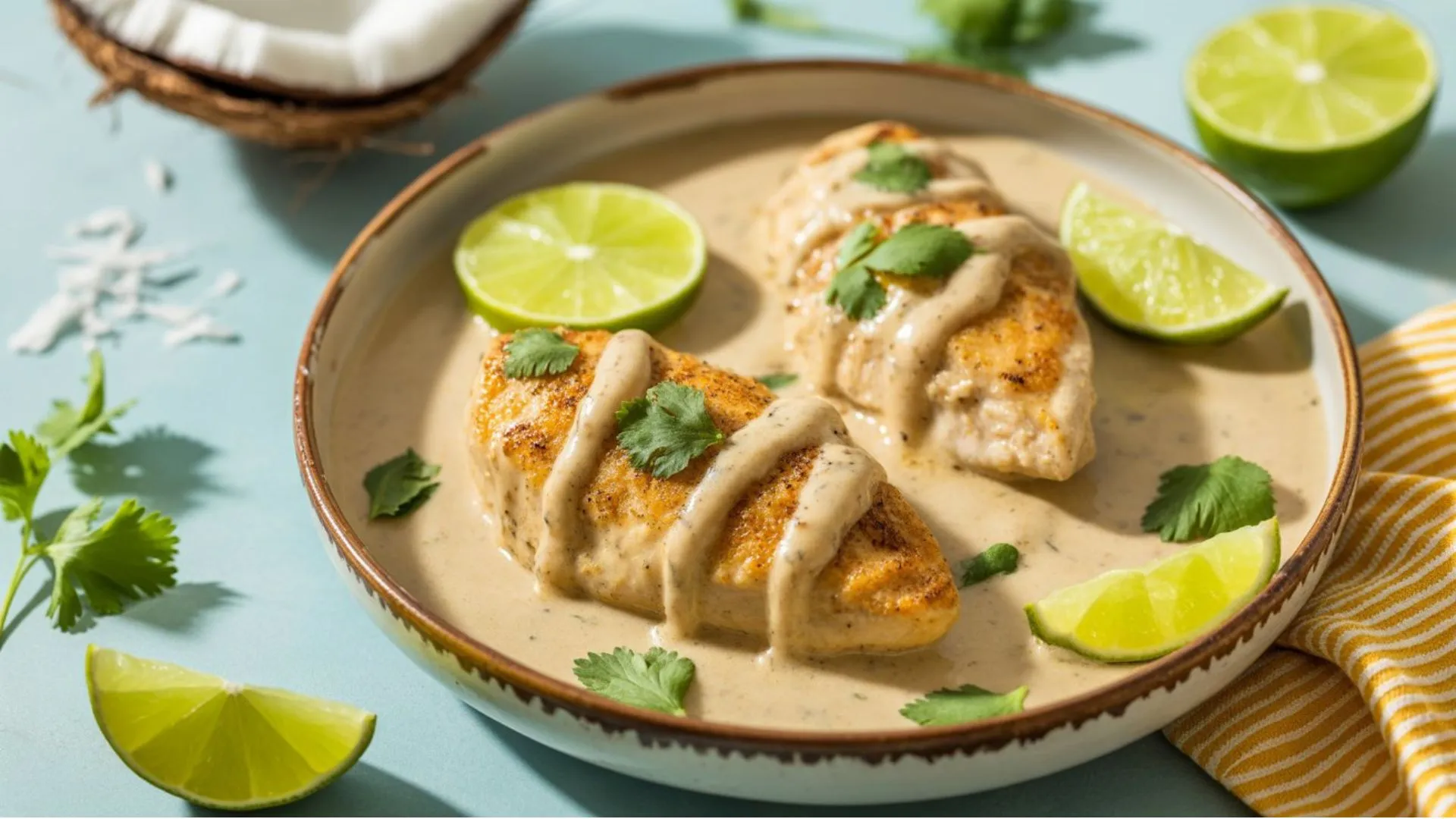 Coconut Lime Chicken served with fresh lime wedges and cilantro in a creamy sauce