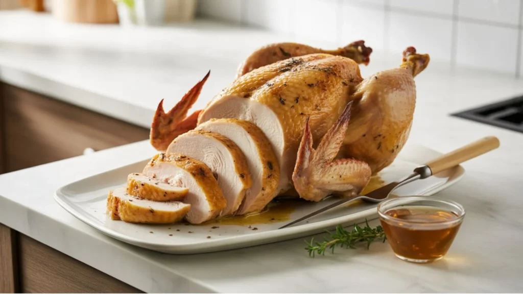Cooked rotisserie chicken with text overlay how long is rotisserie chicken good for in the fridge