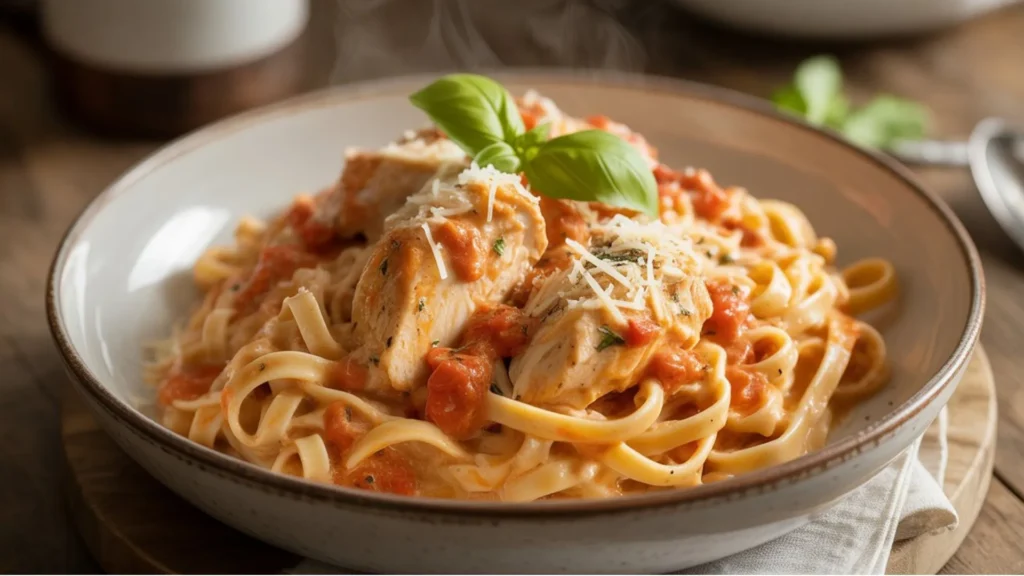Creamy Marry Me Chicken Pasta Recipe with parmesan and garlic sauce served in a skillet.