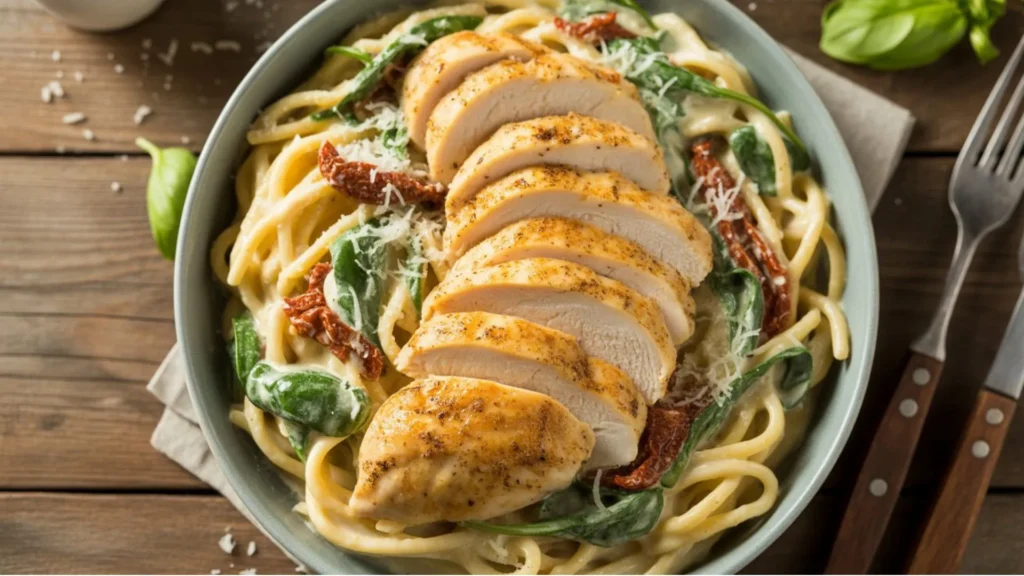 Creamy Tuscan chicken pasta recipe with seared chicken, sun-dried tomatoes, and spinach in a parmesan cream sauce
