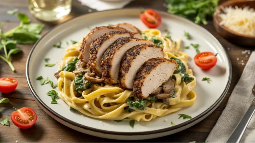 Creamy blackened chicken pasta served in a skillet with parmesan and spinach